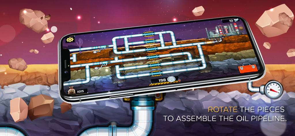 Plumber 3: Underground Pipes - Pantalla de smartphone mostrando el montaje de un oleoducto subterráneo en el juego de puzles Plumber 3