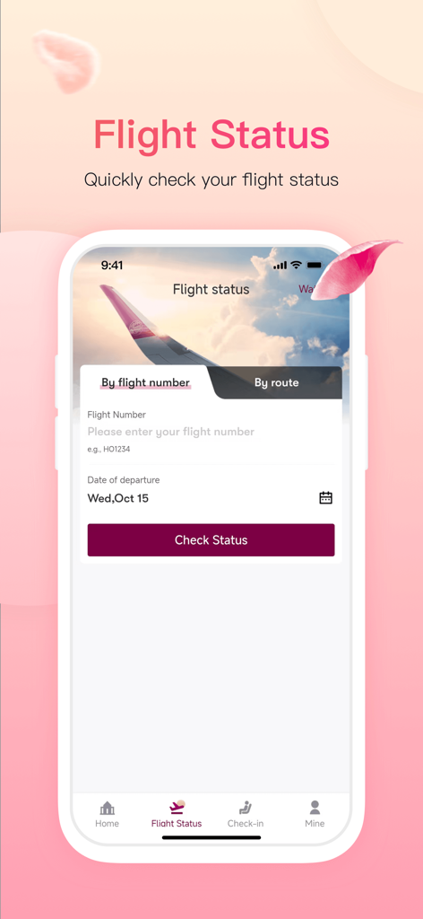 Juneyao Air app interface for checking flight status by flight number