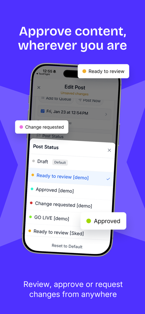 Sked Social - Interface of Sked Social app showing post status options for content approval on mobile