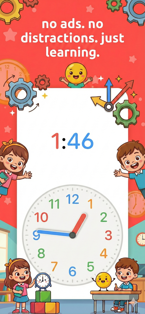 Telling Time For Kids App - Educational interface for children showing an analog clock and digital time with an ad-free learning message.