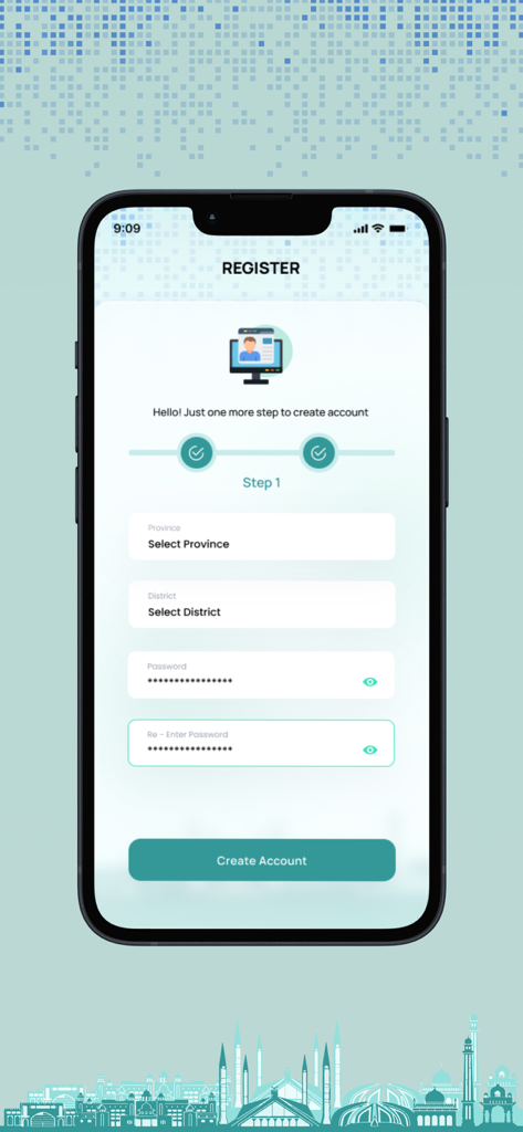 PAK App - Tela de registro do aplicativo PAK mostrando campos de criação de conta para distrito provincial e senha