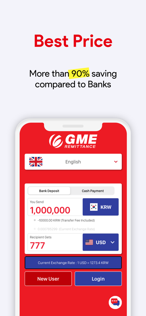 GME Remit app interface showing a 90% saving compared to banks for KRW to USD international transfers