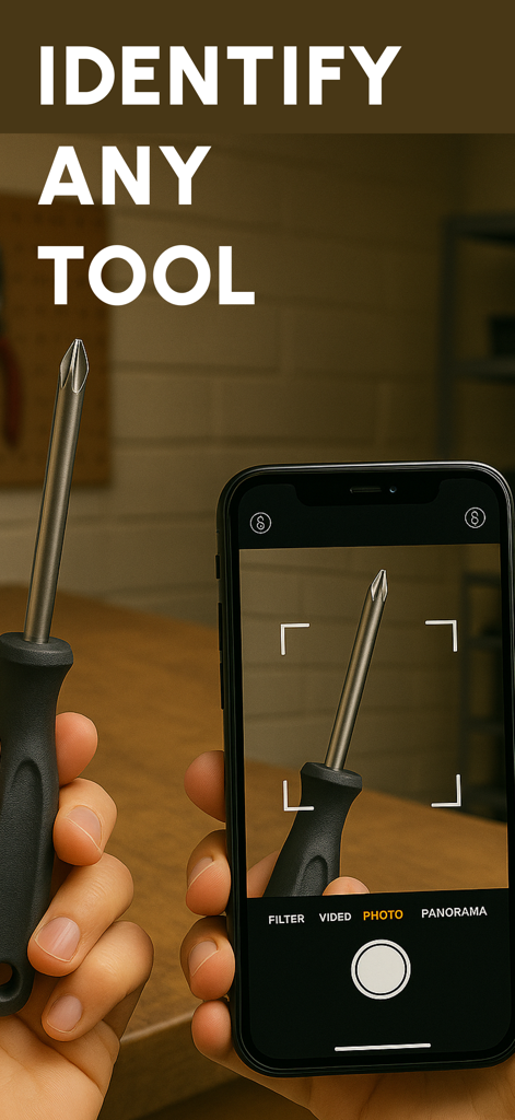 Tool Identifier - SnapTool AI - Una persona usando la cámara de la aplicación SnapTool AI para identificar un destornillador