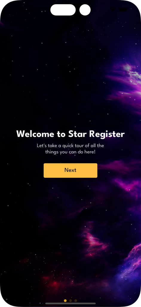 Welcome screen of the Name Star Register app featuring a celestial space background with a purple nebula and a next button.