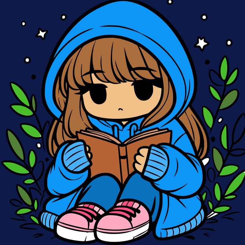 girl in oversized hoodie reading a book