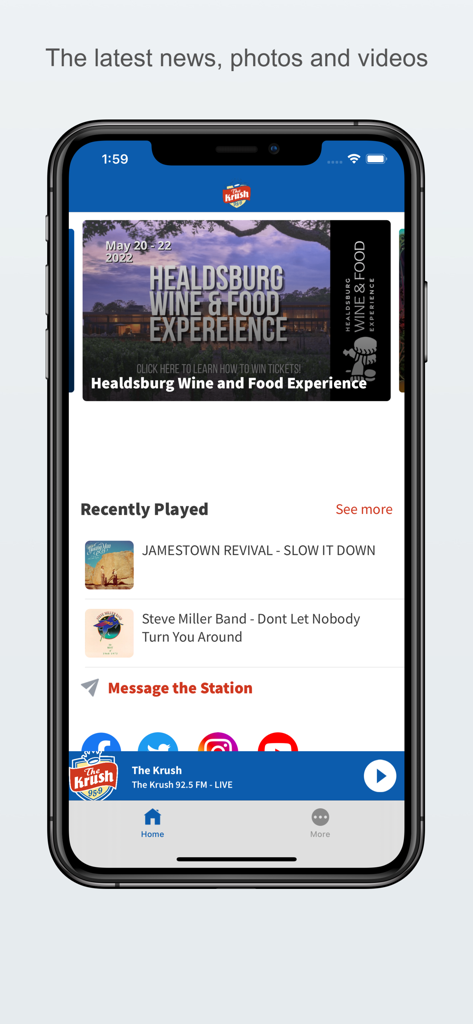 The Krush 95.9 - The Krush 95.9 radio app home screen showing recently played songs and local event news for Sonoma County.