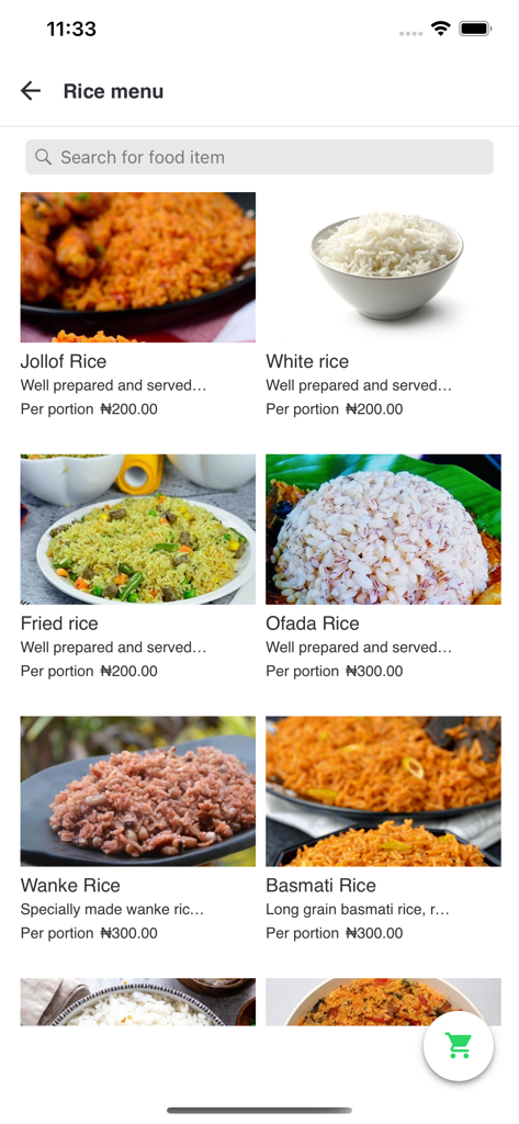 Yakoyo Abula Joint - A mobile app screen displaying a variety of Nigerian rice dishes including Jollof rice and Ofada rice with their prices