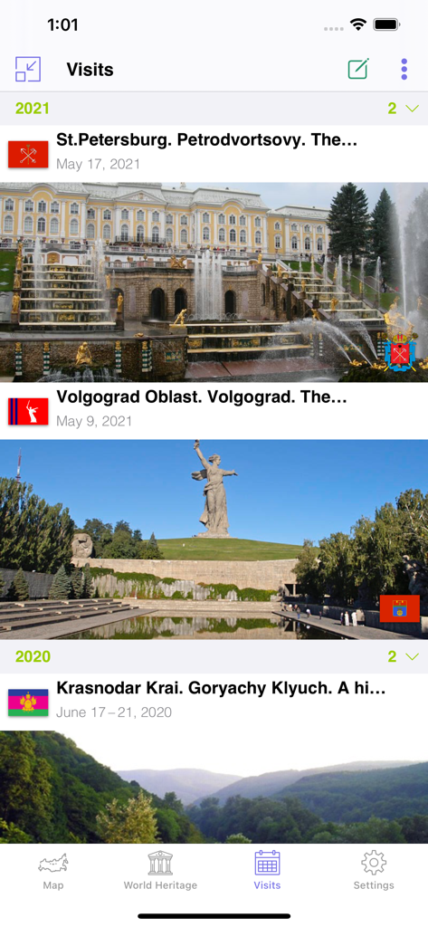 Visits section of the Russia Travel app displaying photos and dates of visited locations