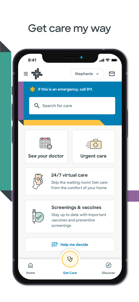 MyBSWHealth - MyBSWHealth app screen showing healthcare options like See your doctor, Urgent care, and 24/7 virtual care.
