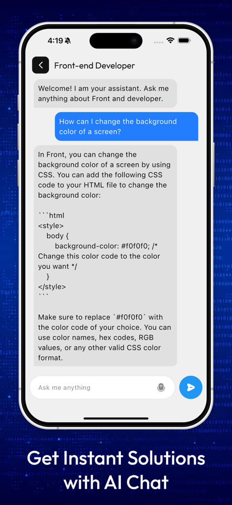 Mobile app screenshot showing an AI chat interface providing CSS code snippets for front-end development questions.