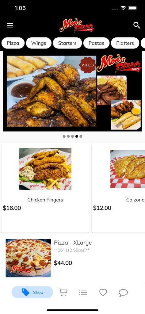 Menú de la app móvil de Moe's Pizza que muestra artículos como alitas, dedos de pollo y calzone con precios.