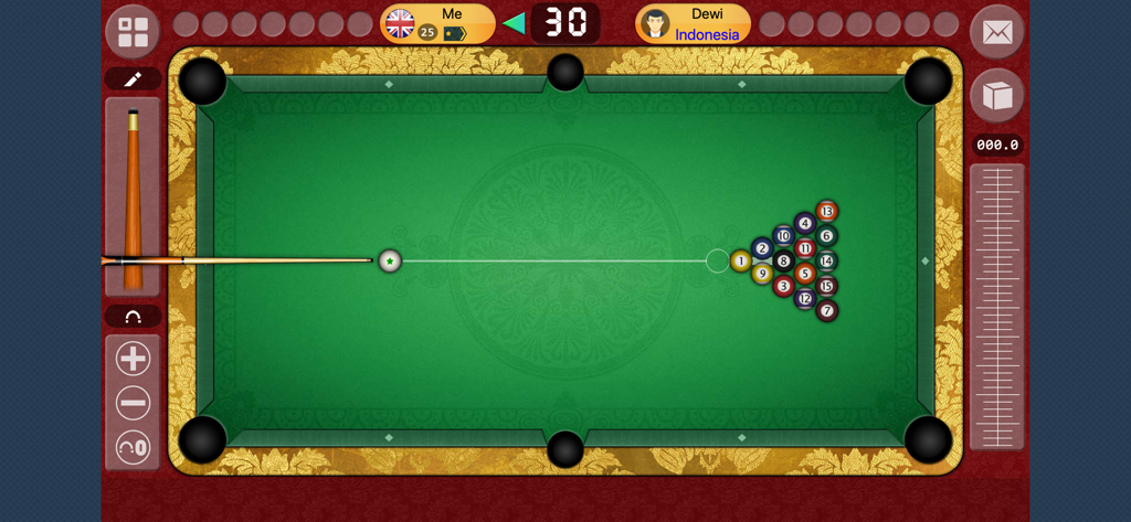 Top down view of a green billiards table with a rack of balls and a cue stick prepared for a break shot