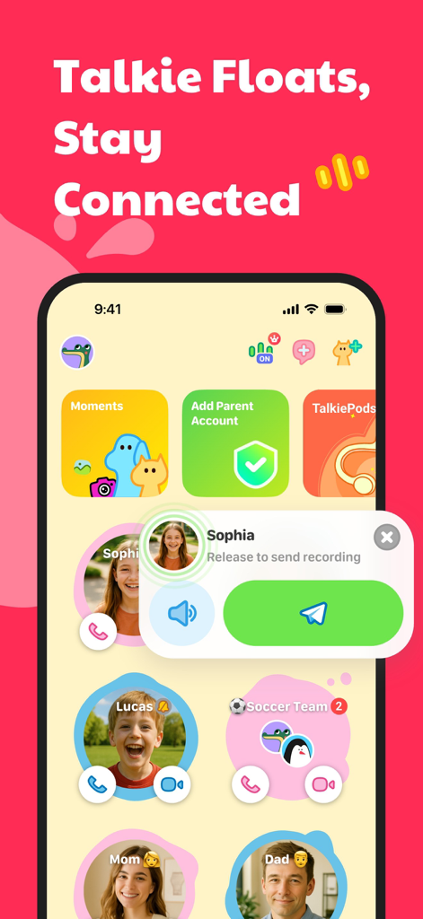 Interface de l'application JusTalk Kids montrant la fonction d'enregistrement vocal Talkie-Walkie et les contacts familiaux comme Maman et Papa.