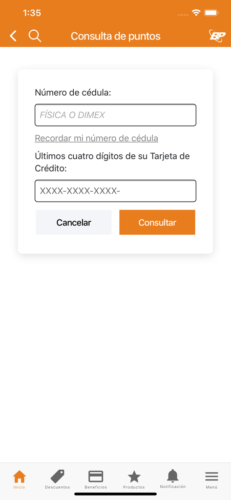 Reward points inquiry screen in the BP Promociones mobile app requiring ID and credit card details
