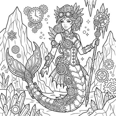 Unleash your creativity with this unique Steampunk Arctic Mermaid coloring page. Adorned with intricate gears and existing in a frosty realm, this design offers a truly captivating coloring experience.