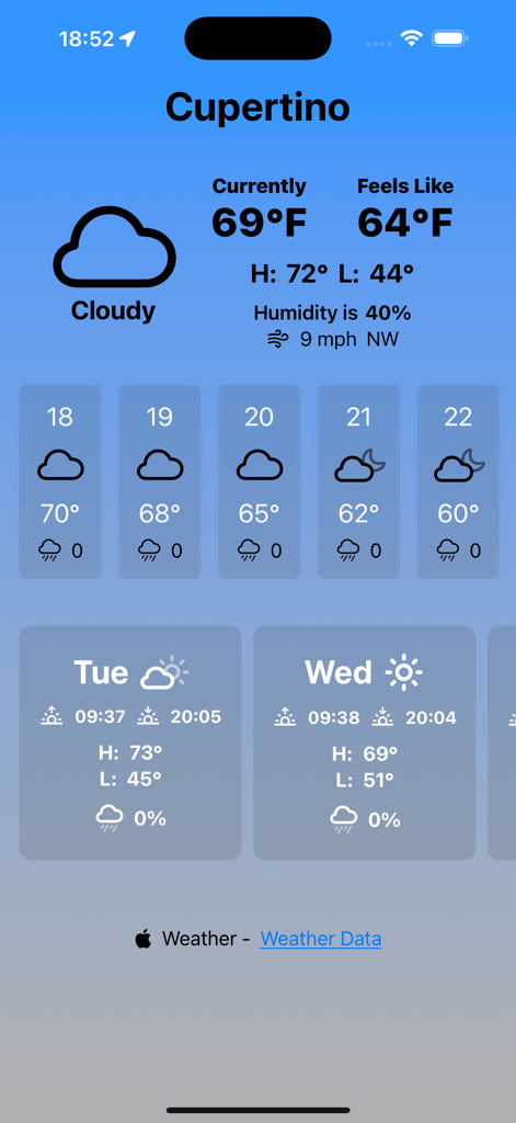 Boring Weather - Minimalist weather app interface showing current temperature and daily forecast
