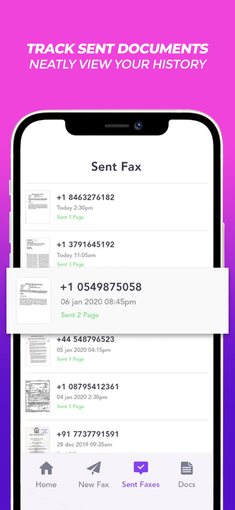 Simple Fax - Fax From iPhone - A screen showing the history of sent faxes with phone numbers, dates, and page counts on the Simple Fax iPhone app.