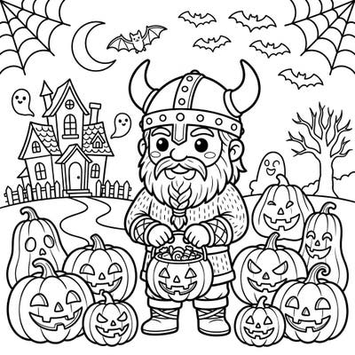 Get ready for a unique Halloween celebration with this charming Viking Settler coloring page. This delightful scene combines historical fun with spooky festivities, perfect for all ages.