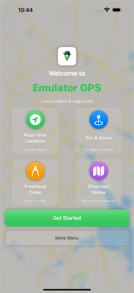 Emulator GPS App: GPS Joystick - Emulator GPS home screen showing navigation tools like Real-time Location, Pin and Move, Freehand Draw, and Direction Finder.