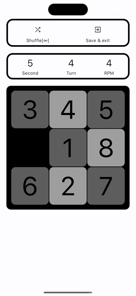Gameplay screen of a 3x3 numeric sliding puzzle showing time and turn counts