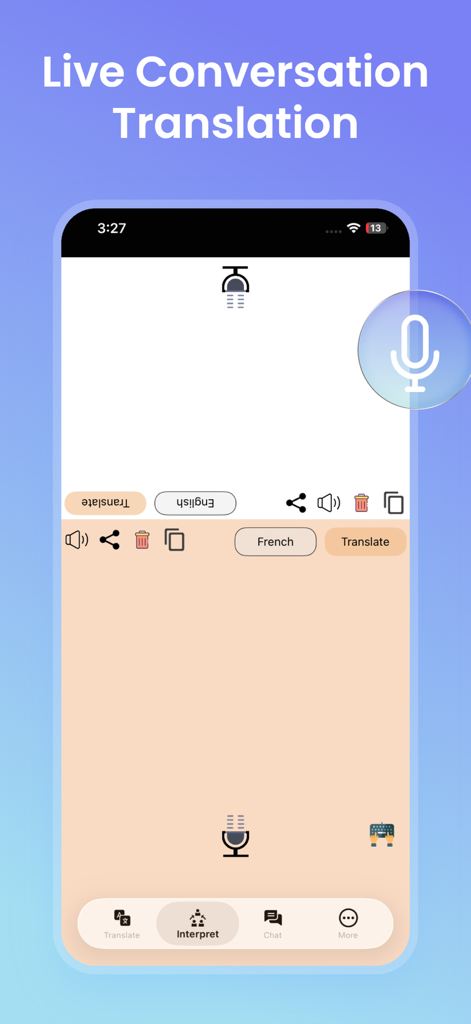 Offline Language Translator - Interfaccia a schermo diviso per la traduzione live a due persone tra inglese e francese