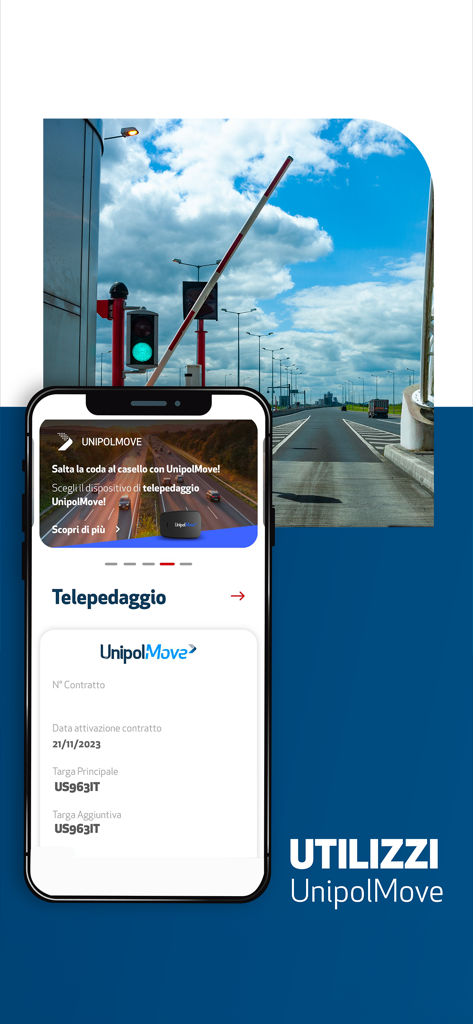 Smartphone screen displaying the UnipolMove electronic toll collection service with contract and license plate details.