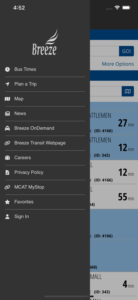 Breeze Rider - Breeze Rider app sidebar menu with transit navigation options like bus times and trip planning