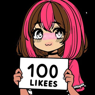 anima girl holding a 100 likes sign in her hand