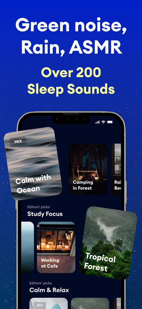 Noise: Green, White, Brown - Sleepo app screen showing various sleep sound categories like ocean forest and cafe ambiance