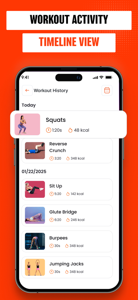 Rope Skipping - AI Counter - Mobile app interface displaying a workout history timeline with various exercises like squats and burpees including duration and calories burned.