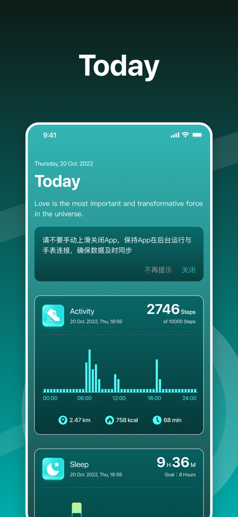 Letsfit life - Letsfit life app showing daily activity summary with step count chart and sleep duration