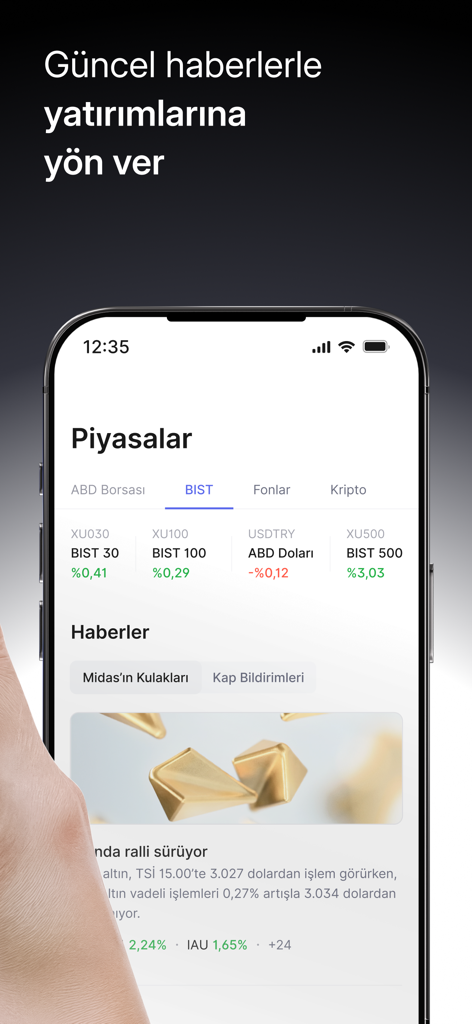 Interface de l'application Midas affichant les indices de la Borsa Istanbul et un flux d'actualités financières