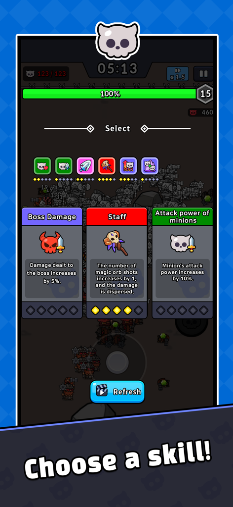 Necro - Roguelike RPG - A skill selection menu in Necro Roguelike RPG showing three different character upgrade cards