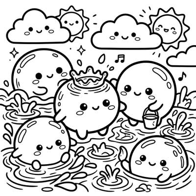 Discover a delightful world where endorheic lakes come to life in the charming Kawaii style. This unique coloring page features adorable water bodies splashing playfully under a happy sky, ready for your creative touch.