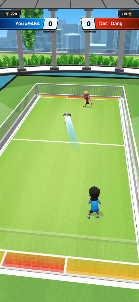 Disc Rivals - Gameplay screenshot of Disc Rivals showing a multiplayer match on a green court with players throwing a flying disc