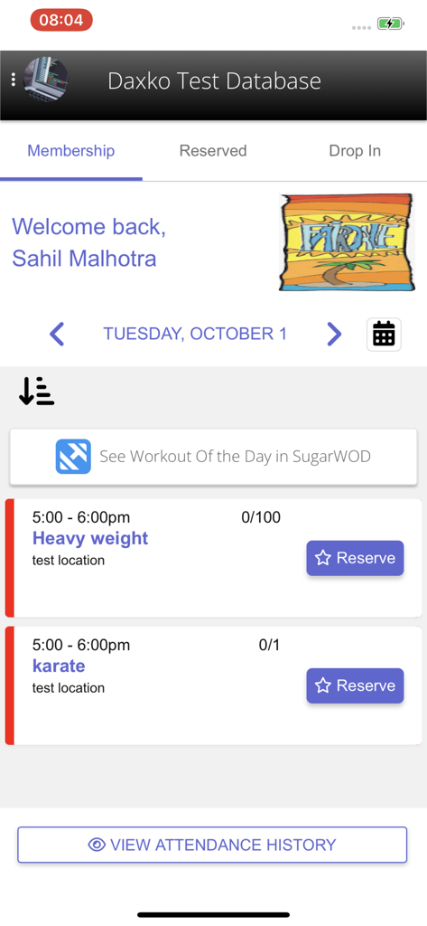 Zen Planner Member App interface showing gym class schedule and reserve buttons