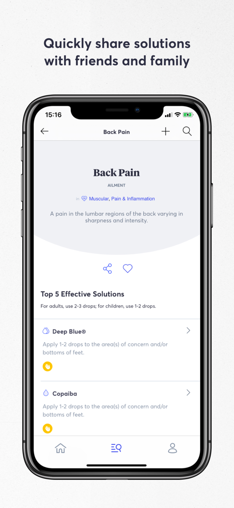 The Essential Life - Oil Guide - Mobile app screen displaying essential oil solutions for back pain including Deep Blue and Copaiba.