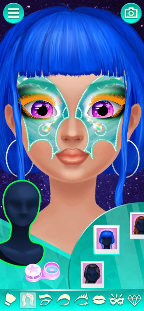 Makeup Games for Fashion Girls - A girl with blue hair and a butterfly face mask in a creative makeup game