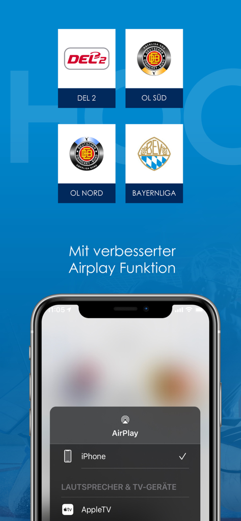 SpradeTV - SpradeTV 앱 인터페이스에 독일 하키 리그 로고와 iPhone의 AirPlay 스트리밍 선택 메뉴를 보여주는 모습