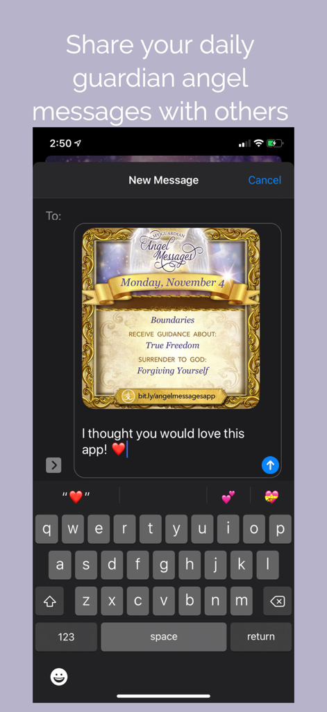 My Guardian Angel Messages - Sharing a personalized guardian angel message card via text message
