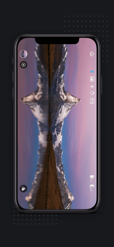 ZY Play - Interfaz de cámara de la aplicación ZY Play que muestra controles de fotografía profesional y un paisaje de montaña.