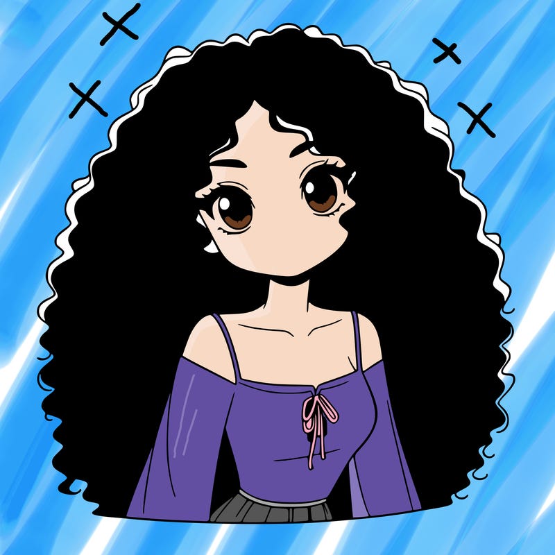 a black anime girl with long afro hair