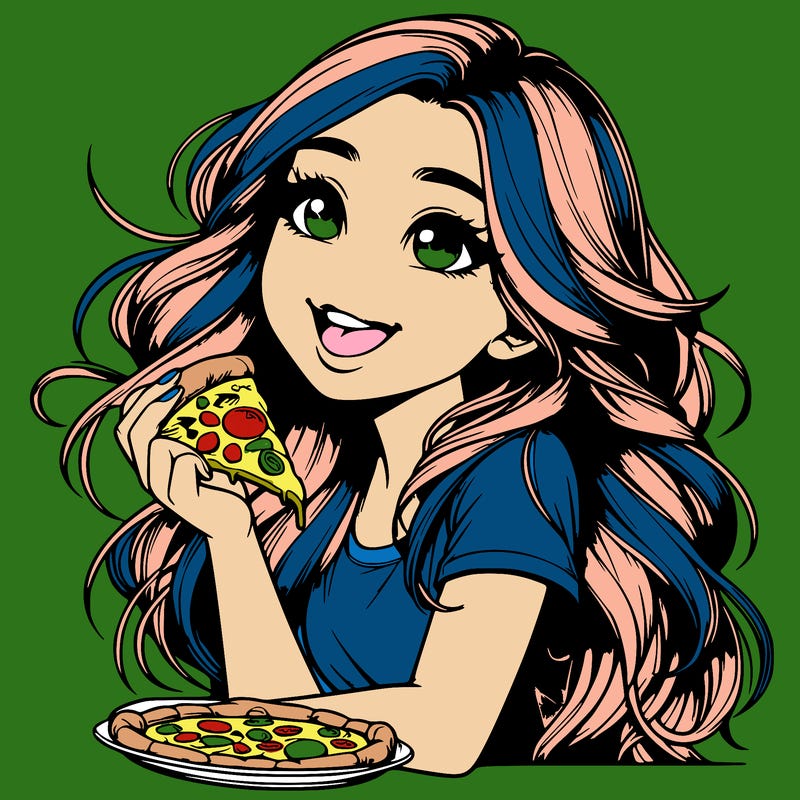 realistic girl with long hair and she's eating pizza