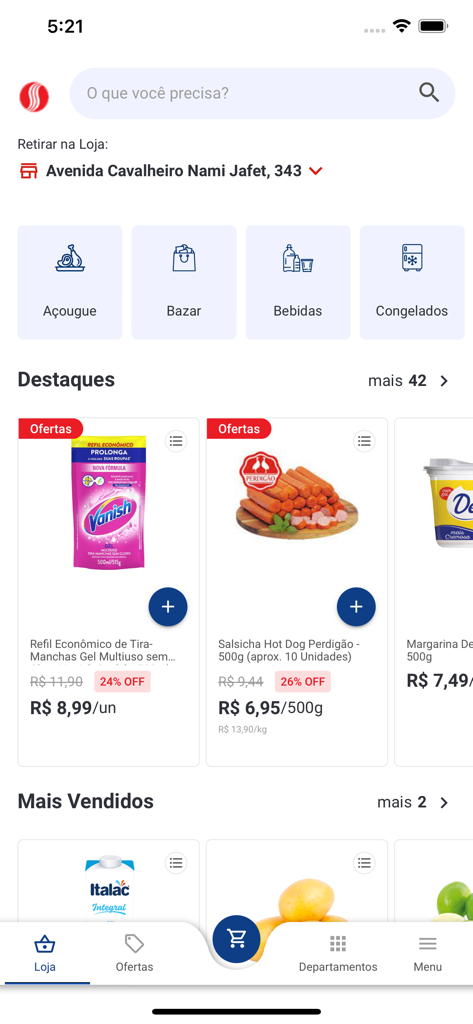 Home screen of the Shibata Supermercados app displaying grocery categories like butcher and beverages along with featured product offers