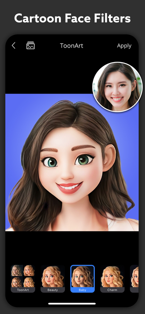 Polaroid AI Photo : ToonArt - Uma selfie de mulher transformada em um avatar de desenho animado 3D usando filtros ToonArt