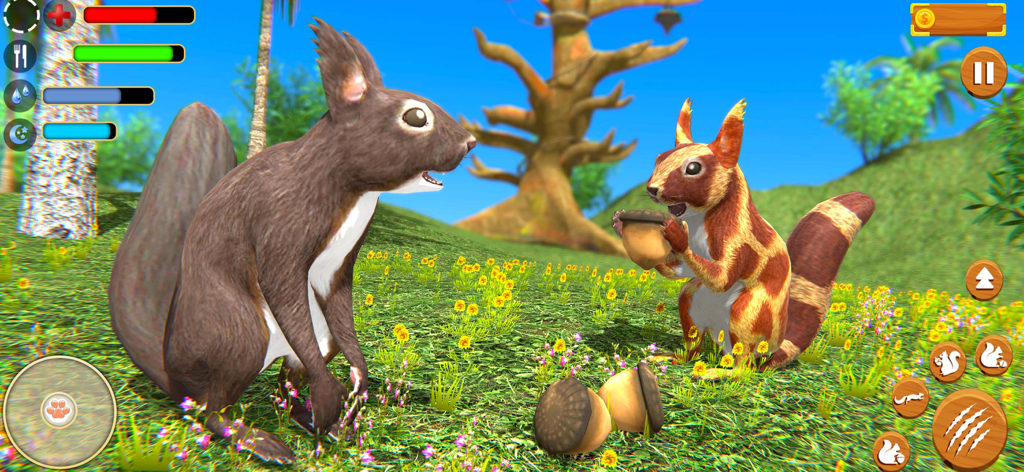 Virtual Squirrel Family Sim 3D - Two squirrels interacting and gathering acorns in a 3D forest simulator
