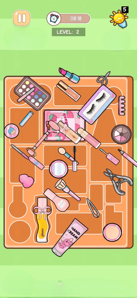 Perfect Satisfying: ASMR Tidy - Un nivel de juego de puzzles donde los artículos de maquillaje están esparcidos y necesitan ser organizados en una bandeja