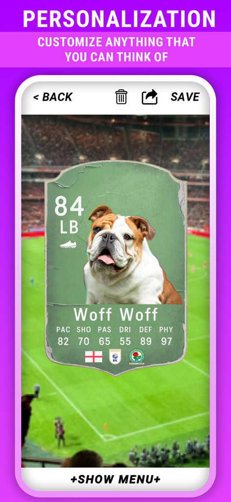 FC Draft 24 - FC Draft 24 app screen displaying a custom football card with a dog image and player statistics