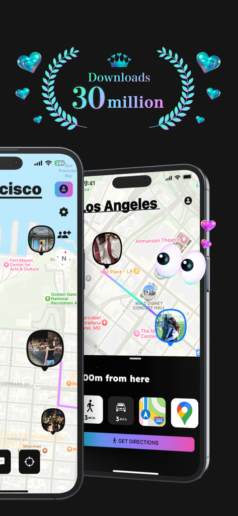 ロサンゼルスとサンフランシスコの友達の位置を示すwhooアプリのマップインターフェースを表示するスマートフォン画面