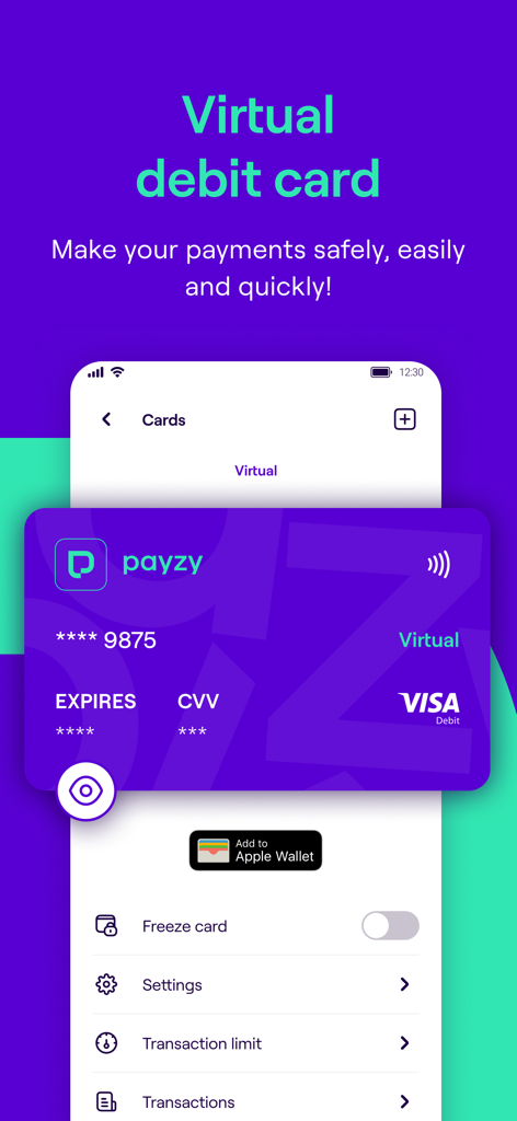 Une interface de carte de débit Visa violette virtuelle dans l'application mobile payzy avec des options pour geler la carte et l'ajouter à Apple Wallet